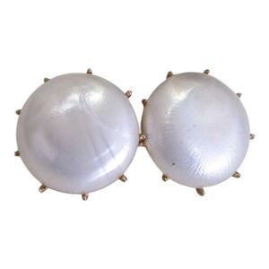 Vintage Crown Trifari Gold Tone Round White Textured Faux Pearl Clip On Earrings